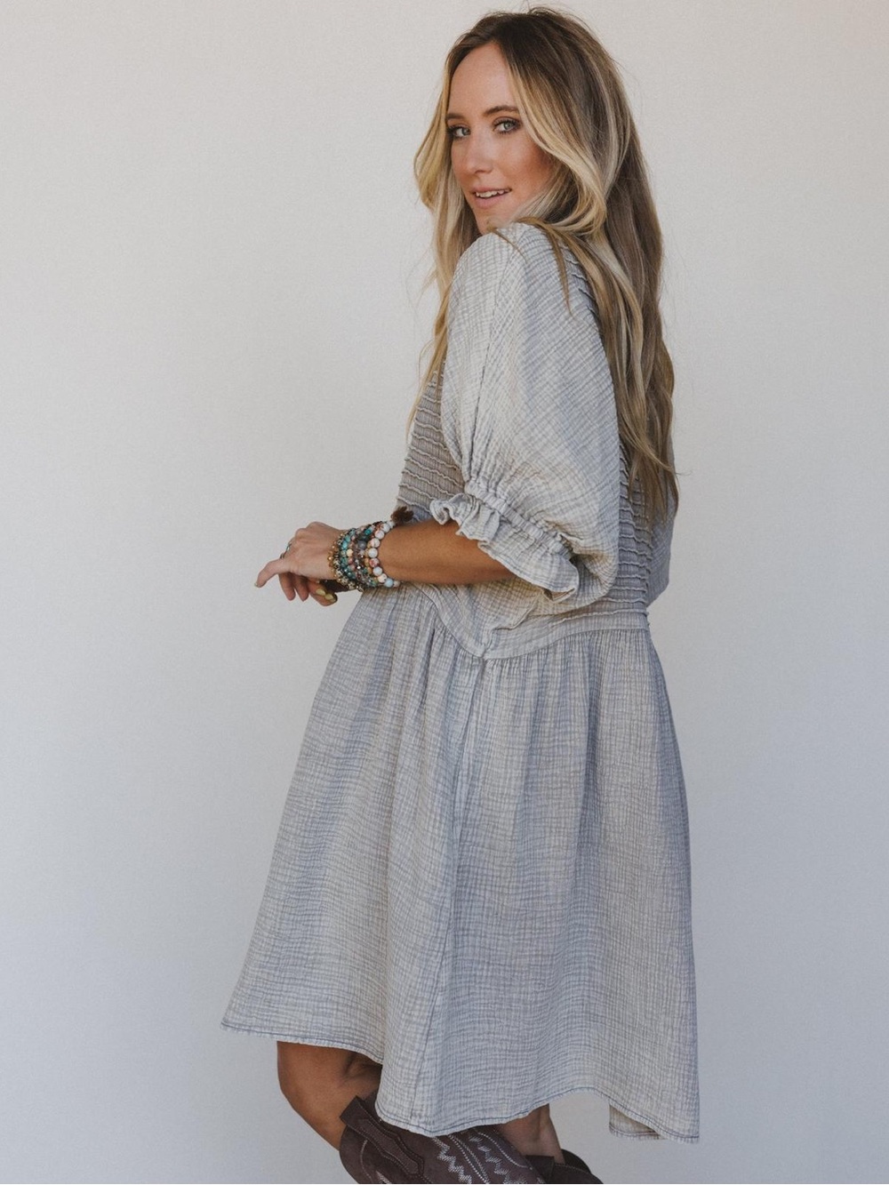 Three Bird Nest Quinn Puff Sleeve Smocked Cotton Gauze Boho Mini Dress in Ash